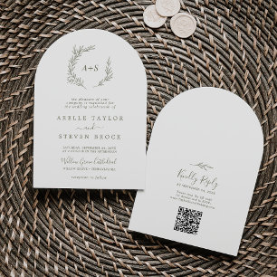 Minimal Leaf Olive Green QR Code Boho Arch Wedding Einladung