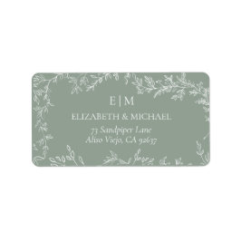 Minimal Leaf Sage Green Monogram Wedding Address Adressaufkleber