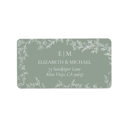 Minimal Leaf Sage Green Monogram Wedding Address Adressaufkleber (Vorne)
