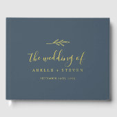 Minimal Leaf Slate Blue Gold Foil Monogram Wedding Gästebuch (Vorderseite)