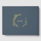 Minimal Leaf Slate Blue Gold Foil Monogram Wedding Gästebuch (Rückseite)
