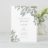 Minimal Leaf Wasserfarben Große Hochzeit Einladung (Stehend Vorderseite)