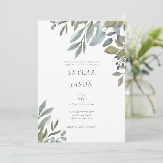 Minimal Leaf Wasserfarben Große Hochzeit Einladung (Stehend Vorderseite)