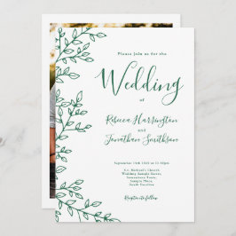 Minimal Leaf White Emerald Green Foto Hochzeit Einladung