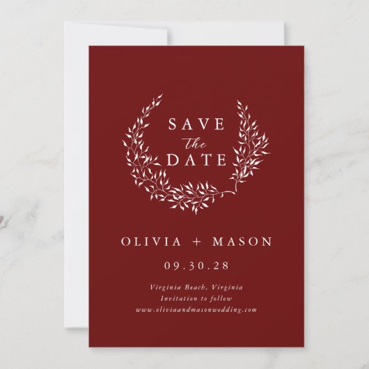 Minimal Leafy Wreath Burgundy Save the Date (Vorderseite)