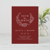 Minimal Leafy Wreath Burgundy Save the Date (Stehend Vorderseite)