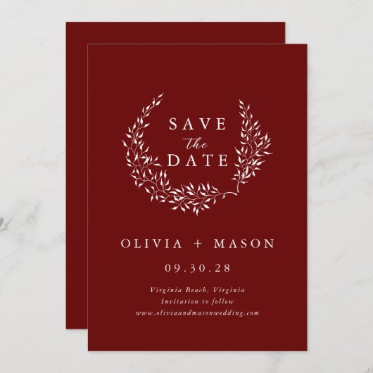Minimal Leafy Wreath Burgundy Save the Date (Vorne/Hinten)