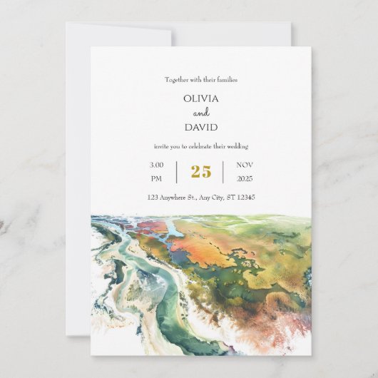 Minimal lebendige Küstenlandschaft Strand Hochzeit Einladung (Vorderseite)