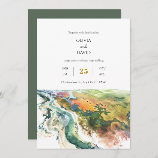 Minimal lebendige Küstenlandschaft Strand Hochzeit Einladung (Vorne/Hinten)