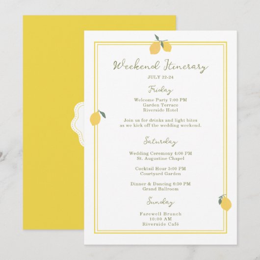 Minimal Lemon Amalfi Coast Wedding Itinerary Card Einladung (Vorne/Hinten)