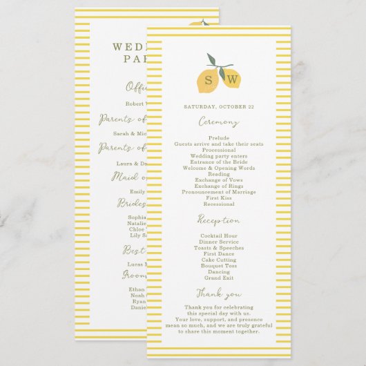 Minimal Lemon Amalfi Coast Wedding Program Card Einladung (Vorne/Hinten)
