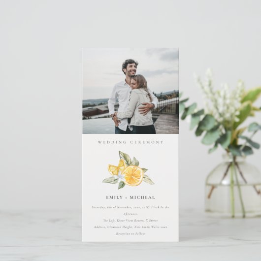 Minimal Lemon Boho Foliage Foto Wedite Einladung (Stehend Vorderseite)