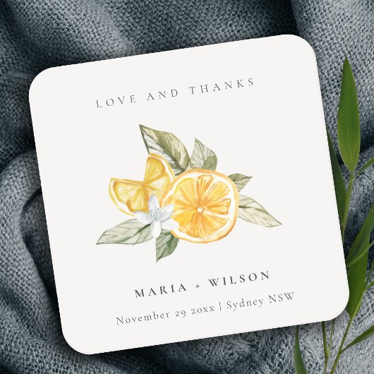 Minimal Lemon Botanical Boho Liebe Dank Hochzeit Rechteckiger Pappuntersetzer