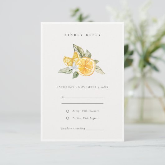 Minimal Lemon Botanical Boho Wedding RSVP Karte (Stehend Vorderseite)