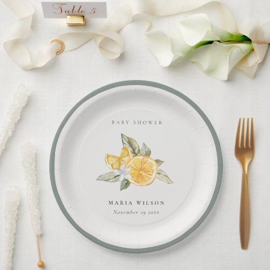 Minimal Lemon Botanische Leafy Boho Babydusche Pappteller (Hochzeit)