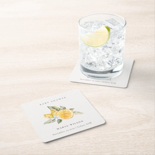 Minimal Lemon Botanische Leafy Boho Babydusche Rechteckiger Pappuntersetzer (Vor Ort)