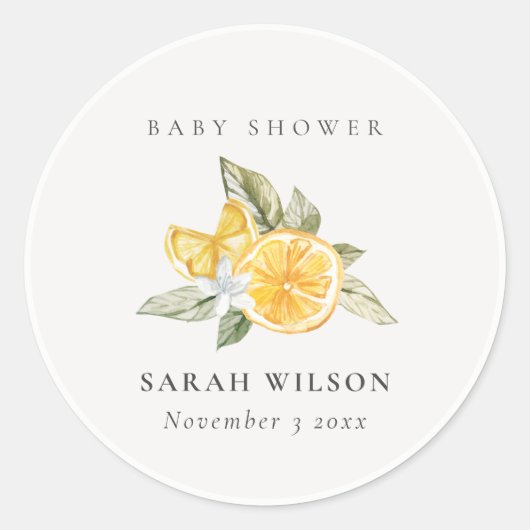 Minimal Lemon Botanische Leafy Boho Babydusche Runder Aufkleber (Vorderseite)