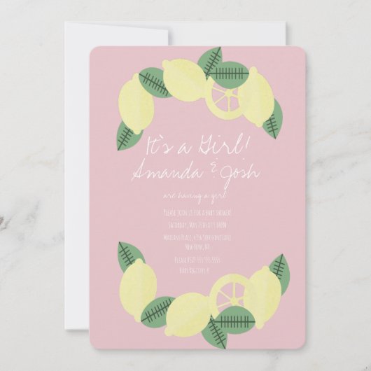 Minimal Lemon Citrus Wreath Girls Babydusche Einladung (Vorderseite)