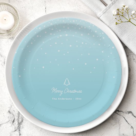 Minimal Light Pastel Blue Snowy Weihnachten Party Pappteller