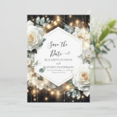 Minimal Lights White Roses Wedding Save The Date (Stehend Vorderseite)