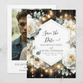 Minimal Lights White Roses Wedding Save The Date (Vorne/Hinten)