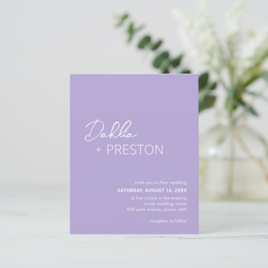 Minimal Lilac Modernes Budget Hochzeit Einladung (Stehend Vorderseite)