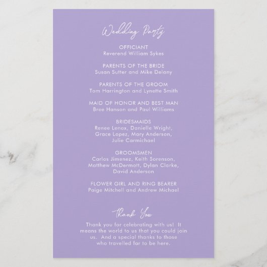 Minimal Lilac Modernes Hochzeitsprogramm (Rückseite)
