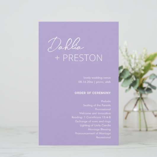 Minimal Lilac Modernes Hochzeitsprogramm (Stehend Vorderseite)
