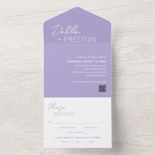 Minimal Lilac QR Code Moderne Hochzeit All In One Einladung (Innen Boden)