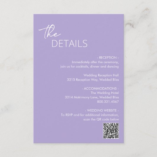 Minimal Lilac QR Code Moderne Hochzeit Begleitkarte (Vorderseite)