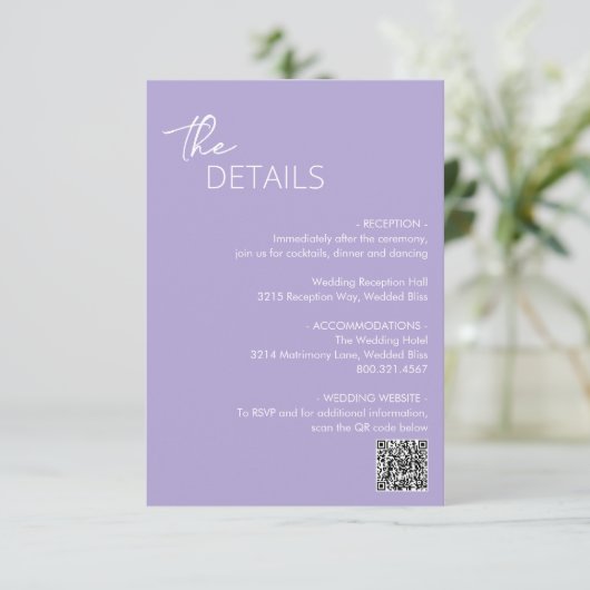 Minimal Lilac QR Code Moderne Hochzeit Begleitkarte (Stehend Vorderseite)