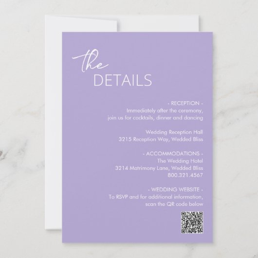 Minimal Lilac QR Code Moderne Hochzeit Einladung (Rückseite)