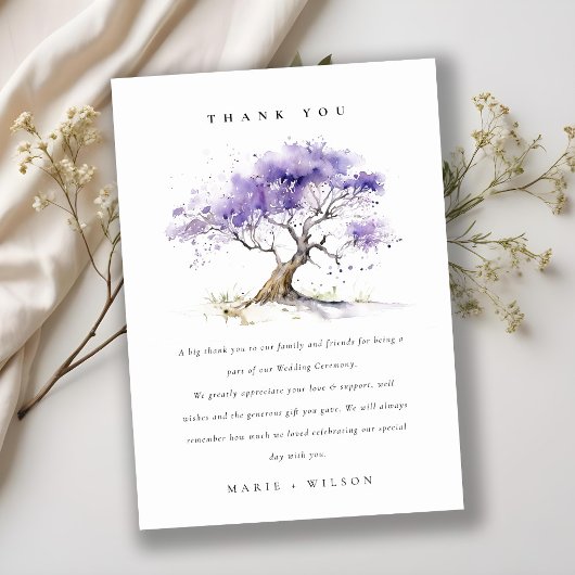 Minimal Lilac Watercolor Jacaranda Tree Wedding Dankeskarte