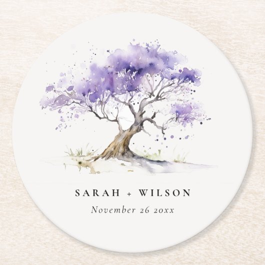 Minimal Lilac Watercolor Jacaranda Tree Wedding Runder Pappuntersetzer (Vorderseite)
