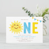 Minimal Little Sunshine First Birthday Boy Einladung (Stehend Vorderseite)