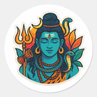Minimal Lord Shiva Illustration – Trishul, Damru Runder Aufkleber