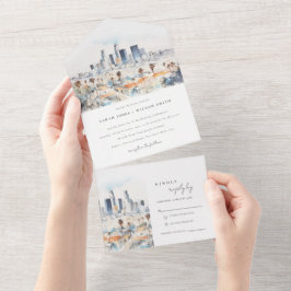 Minimal Los Angeles, California Watercolor Wedding All In One Einladung
