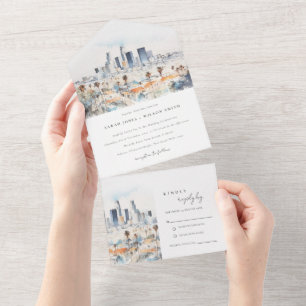 Minimal Los Angeles, California Watercolor Wedding All In One Einladung
