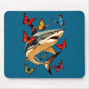 Minimal lustiger Hai Schmetterlinge Retro-Grafik Mousepad
