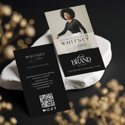 Minimal Luxury Black Interior Designer Photo Logo Visitenkarte