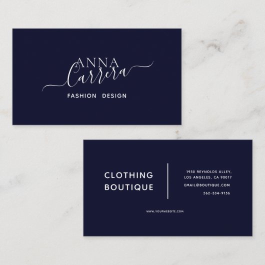 Minimal Luxury Boutique Navy White Calligraphy Visitenkarte (Vorne/Hinten)