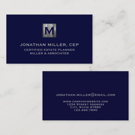Minimal Luxury Navy Blue Silver Monogram Visitenkarte (Vorne/Hinten)