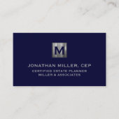 Minimal Luxury Navy Blue Silver Monogram Visitenkarte (Vorderseite)