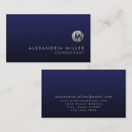 Minimal Luxury Navy Blue Silver Monogram Visitenkarte (Vorne/Hinten)