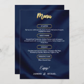 Minimal Luxury Navy Blue und Gold Script Wedding Menükarte (Vorne/Hinten)