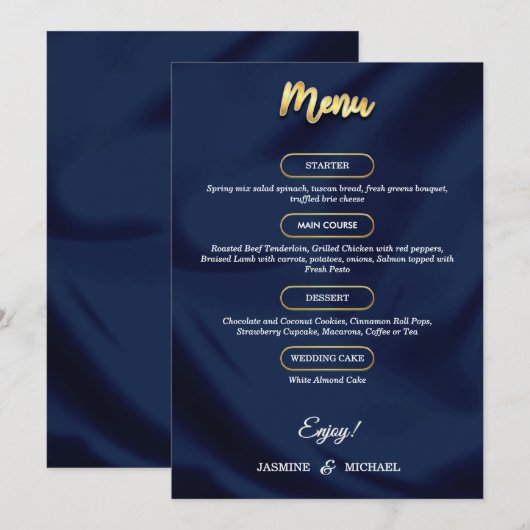 Minimal Luxury Navy Blue und Gold Script Wedding Menükarte (Vorne/Hinten)