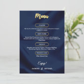 Minimal Luxury Navy Blue und Gold Script Wedding Menükarte (Stehend Vorderseite)