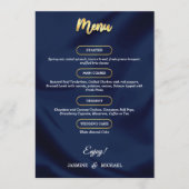 Minimal Luxury Navy Blue und Gold Script Wedding Menükarte (Vorderseite)