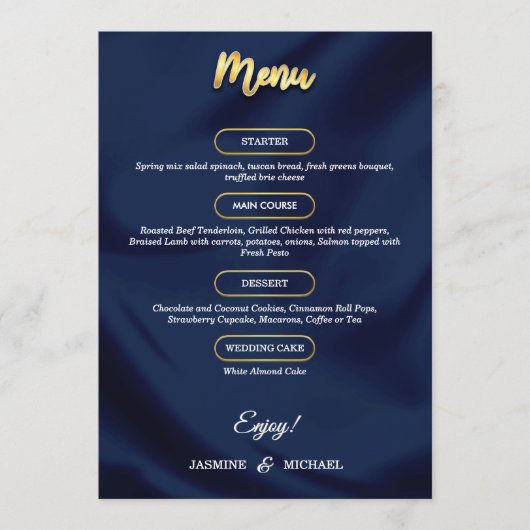 Minimal Luxury Navy Blue und Gold Script Wedding Menükarte (Vorderseite)