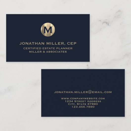 Minimal Luxus Blue Gold Initial Visitenkarte (Vorne/Hinten)